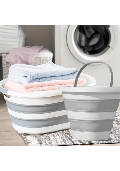 2li Katlanır Temizlik Seti - Katlanır Sepet 25LT - Katlanır Kova 10LT Beyaz - Gri