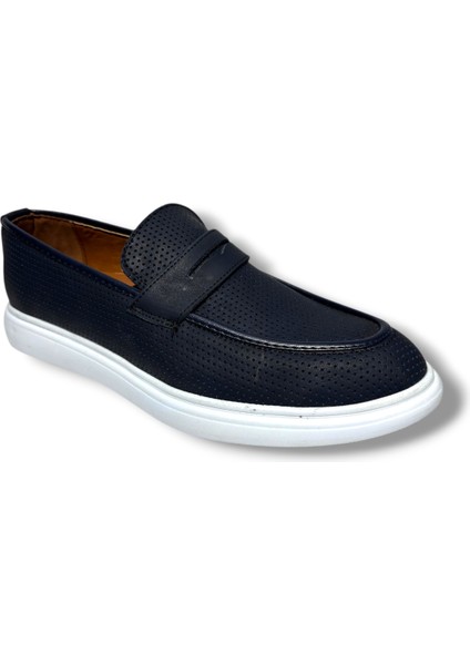 5145-26 Baskı Deri Fiyonklu Erkek Ayakkabı Lacivert Beyaz