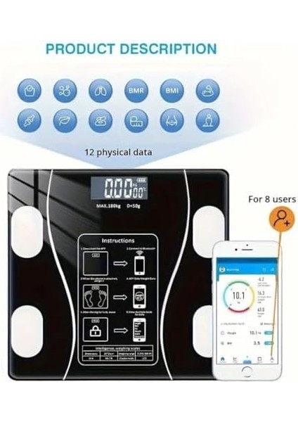 Techfit Dijital Baskül Bluetooth Vücut Analizi -Dijital Akıllı Tartı-Yağ Ölçer Tartı Akıllı Android ve Ios Uyumlu - Siyah