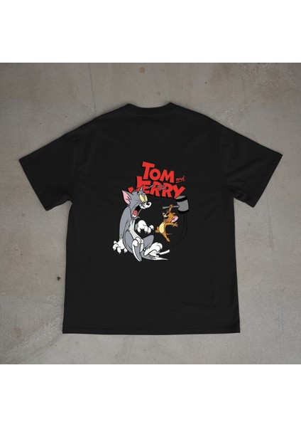 Tomjerry Tasarım Baskılı Siyah Oversize T-Shirt