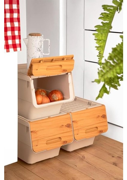 Patateslik Soğanlık Sepeti Oyuncak Kutusu Tekerlekli Organızer Çok Amaçlı Kutu 3X12LT-BAMBU+KREM