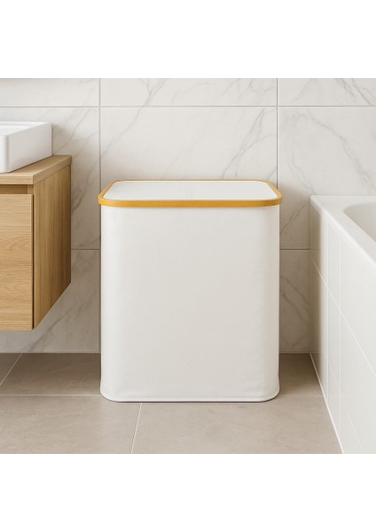 Doğal Bambu Çerçeveli Katlanabilir Kirli Sepeti – Kapaklı Krem Kumaş Çamaşır Sepeti Bej BR-6707