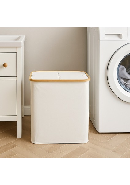 Doğal Bambu Çerçeveli Katlanabilir Kirli Sepeti – Kapaklı Krem Kumaş Çamaşır Sepeti Bej BR-6707 modelleri
