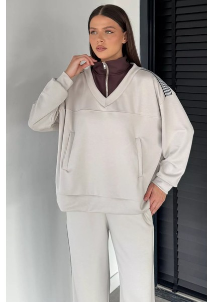 Kadın Dik Yaka Yarım Fermuarlı Sweat Bel Lastikli Palazzo Pantolon Ikili Takım P-00018947 modelleri