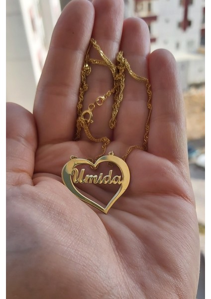 925 Ayar Gümüş 24 Ayar Altın Kaplama Isimli Kalpli Kolye