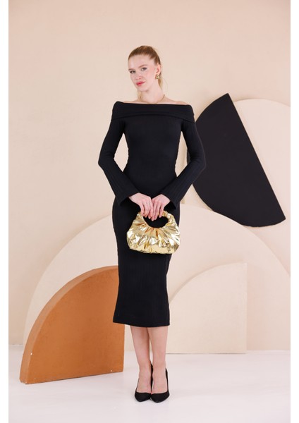 Madonna Yaka Dar Kalıp Uzun Kollu Elbise