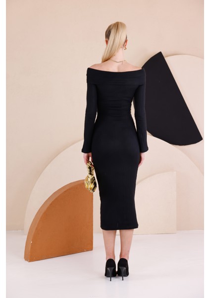 Madonna Yaka Dar Kalıp Uzun Kollu Elbise