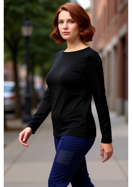 Kadın Pamuklu Esnek Örme Kayık Yaka Uzun Kollu Bluz Kaliteli Şık Rahat Modern Zarif Günlük