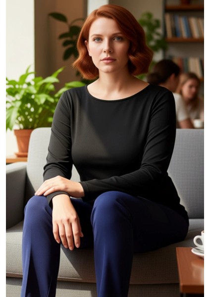 Kadın Pamuklu Esnek Örme Kayık Yaka Uzun Kollu Bluz Kaliteli Şık Rahat Modern Zarif Günlük fiyatları