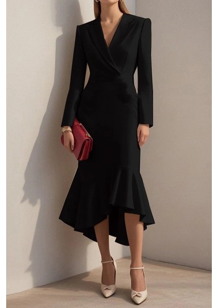 Mdb Kadın Uzun Kollu Yakalı Belden Oturtmalı Midi Ithal Krep Elbise