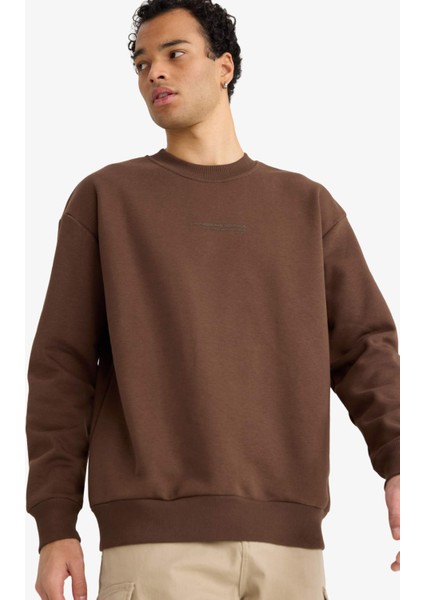 Boxy Fit Bisiklet Yaka İçiğ Yumuşak Tüylü Baskılı Sweatshirt X8282AZ25AU