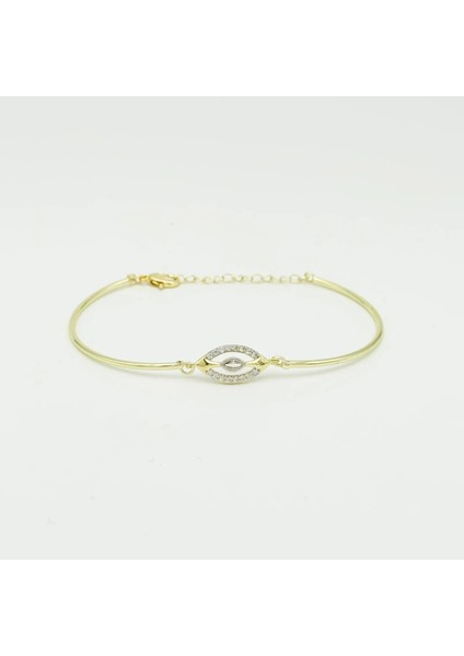 Zirkon Taşlı Göz Figürlü Gold Renk Vıp Bileklik 14K