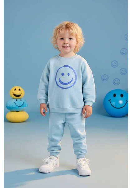 Gülenyüz Emoji Desenli Erkek Çocuk 2 li takım - Açık Mavi
