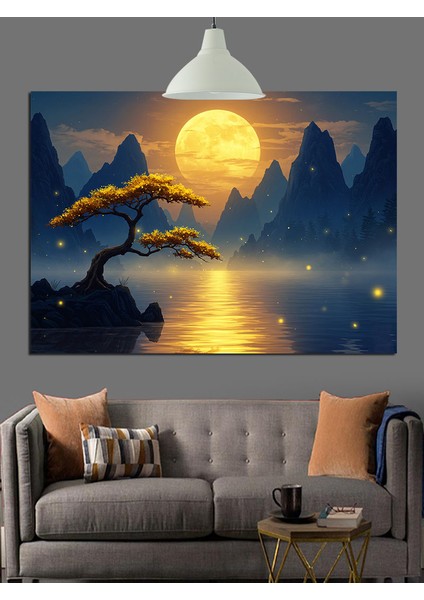 Dolunayda Denize Yansıyan Ağaçlar Dekoratif Kanvas - Mdf Ahşap Tablo fiyatları