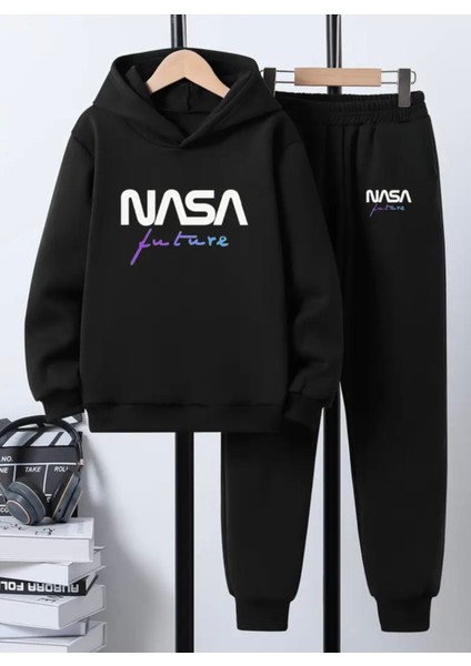 Punıx Kıds Özel Üretim Kapüşonlu Nasa Future Baskılı %100 Pamuk 3 Iplik Kışlık Erkek Çocuk Eşofman Takımı