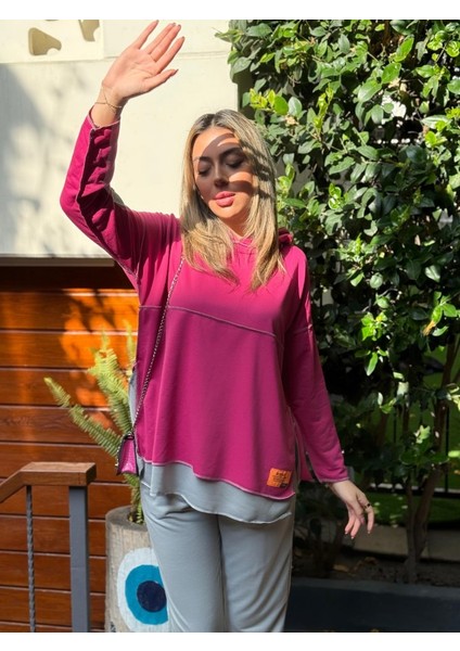 Kadın Pembe Kapüşonlu Garnili İki İplik Konfor Modeli Alt Üst İkili Eşofman Takımı Tunik Tesettür fırsatları