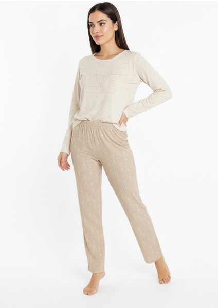 Üstü Love Yazılı Altı Desenli Elite Viscose Uzun Pijama Takımı Krem 3562