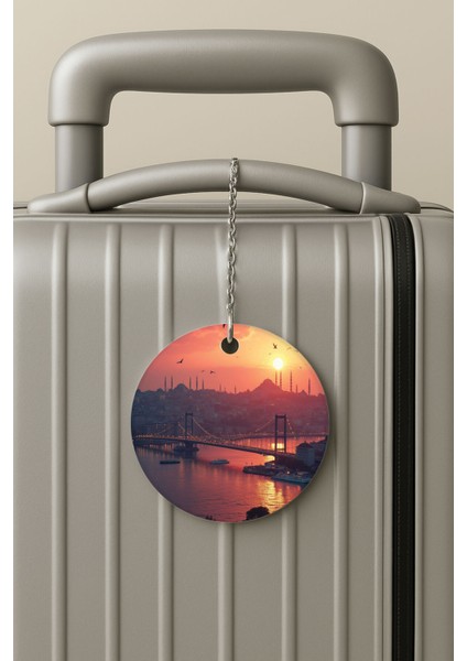 Pleksi Zincirli Bavul Etiketi Seyahat Tatil Için Tasarım Valiz Etiketi Günbatımında Istanbul