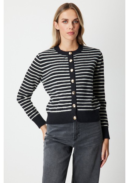 Kadın Sıfır Yaka Çizgili Hırka 63901 Siyah