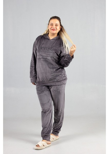 Kapşonlu Kadife Büyük Beden Takım Gri – Premium Kalite, Rahat ve Şık Kadın Eşofman Takımı fiyatları