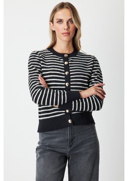 Kadın Sıfır Yaka Çizgili Hırka 63901 Siyah fiyatları