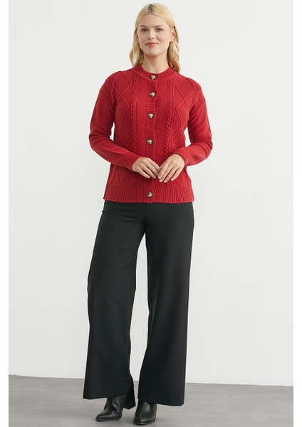 Düğmeli Oversize Angora Triko Hırka - Kırmızı