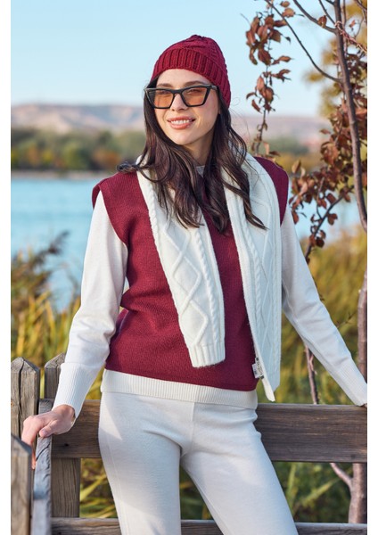 Şal Yaka Yarım Düğmeli Triko Süveter - Bordo fiyatları
