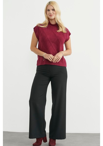 Dik Yaka Kolsuz Triko Süveter - Bordo