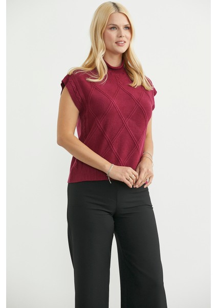 Dik Yaka Kolsuz Triko Süveter - Bordo fiyatları