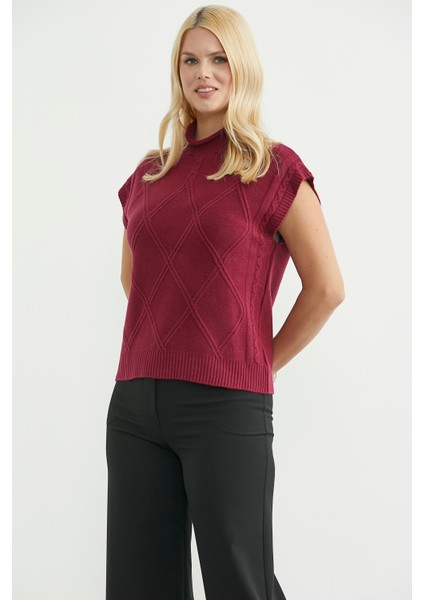 Dik Yaka Kolsuz Triko Süveter - Bordo modelleri