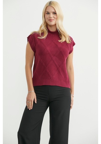 Dik Yaka Kolsuz Triko Süveter - Bordo fırsatları