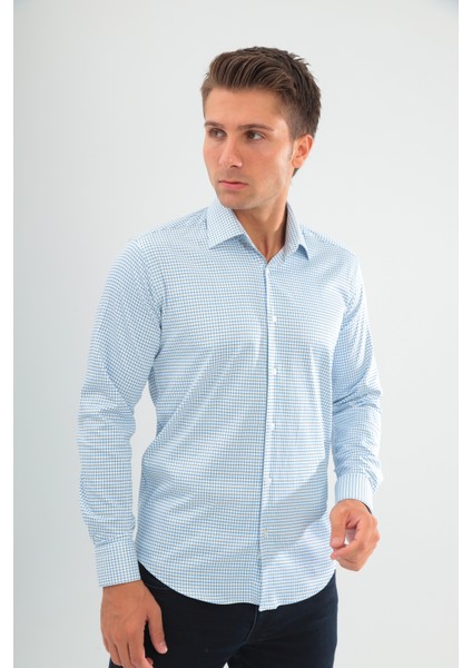 Slimfit Beyaz Mavi Kareli Erkek Gömlek Likralı Dar Kesim Yapısıyla AS045085/13