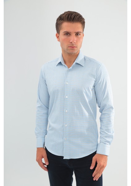 Slimfit Beyaz Mavi Kareli Erkek Gömlek Likralı Dar Kesim Yapısıyla AS045085/13 indirimleri