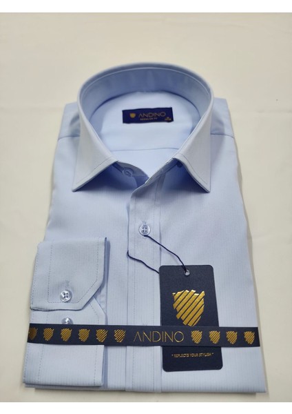 Regularfit Mavi Çizgili Erkek Gömlek Likralı Esnek Kumaş Yaka Alttan Düğmeli AR0720709-03