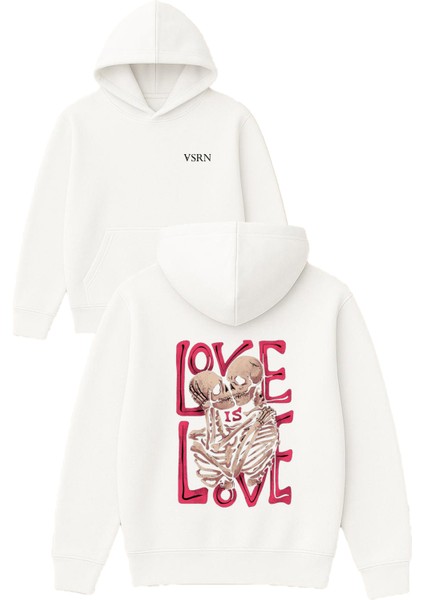 Love Is Love Tasarım Baskılı Oversize Beyaz Kapüşonlu Sweatshirt