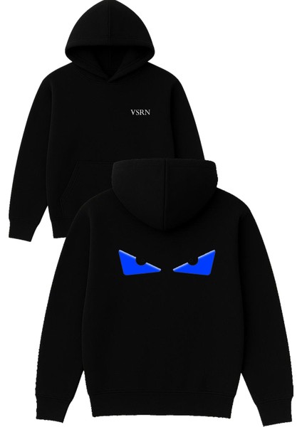 Mavi Göz Tasarım Baskılı Oversize Siyah Kapüşonlu Sweatshirt