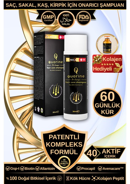 Quarine Premium Şampuan (2 Aylık) Dökülmelere Karşı %100 Saf ve Doğal Bitkisel Kök Hücre Ekstratları,Vitamin ve Mineral İçeren Onarıcı Saç Şampuanı 250ML
