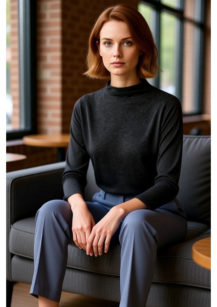 Kadınlar Için Dik Yaka Yarasa Kol Uzun Kollu Örme Üst Kaliteli Şık Rahat Modern Zarif Günlük