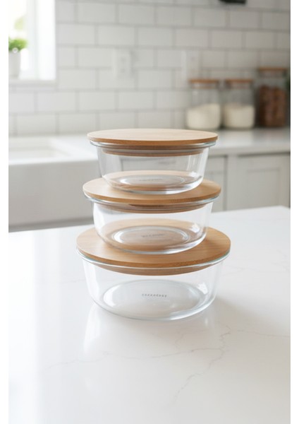 Selora Cam 3’lü Saklama Kabı Seti Bambu Kapaklı 400 ml – 620 ml – 950 ml