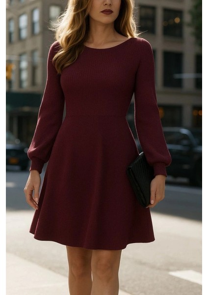 Mdb Kadın Uzun Kollu Kayık Yaka Kısa Triko Elbise