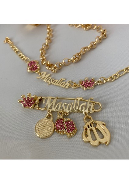 Altın Kaplama Zirkon Taşlı Emzik Seti – Maşallah Iğnesi & Bebek Künyesi Dahil modelleri