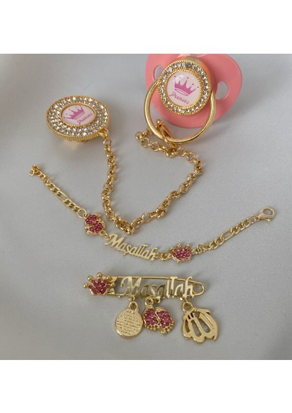 Altın Kaplama Zirkon Taşlı Emzik Seti – Maşallah Iğnesi & Bebek Künyesi Dahil fırsatları