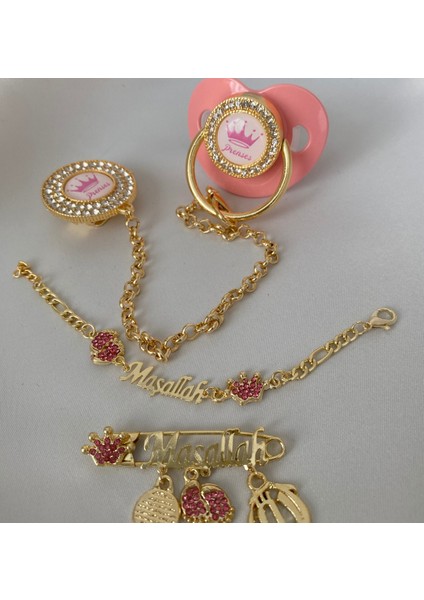 Altın Kaplama Zirkon Taşlı Emzik Seti – Maşallah Iğnesi & Bebek Künyesi Dahil indirimleri