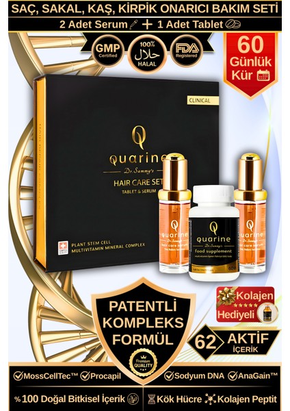 Quarine 2 Aylık Saç Bakım Seti (2 Serum+1 Multivitamin) Dökülme ve yıpranma Karşıtı Bitkisel Kök Hücre Ekstratları, Vitamin, Mineral İçeren Saç, Sakal, Kaş ve Kirpik Onarıcı Premium Set