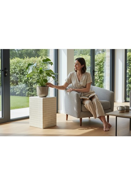 Beyaz Mozaik Yan Sehpa – El Yapımı Modern & Minimal Tasarım (25X45 Cm)