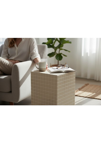 Beyaz Mozaik Yan Sehpa – El Yapımı Modern & Minimal Tasarım (25X45 Cm) fiyatları