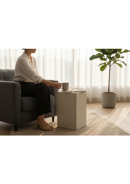 Beyaz Mozaik Yan Sehpa – El Yapımı Modern & Minimal Tasarım (25X45 Cm) modelleri