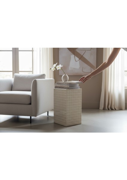 Beyaz Mozaik Yan Sehpa – El Yapımı Modern & Minimal Tasarım (25X45 Cm) fırsatları