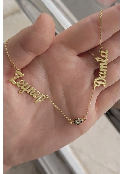 925 Ayar Gümüş 24 Ayar Altın Kaplama 2 Isimli Nazar Boncuklu Kolye