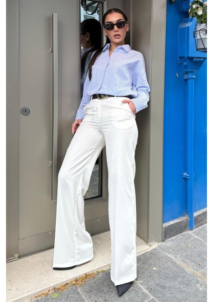 Beyaz Yüksek Bel Kumaş Pantolon MG2285